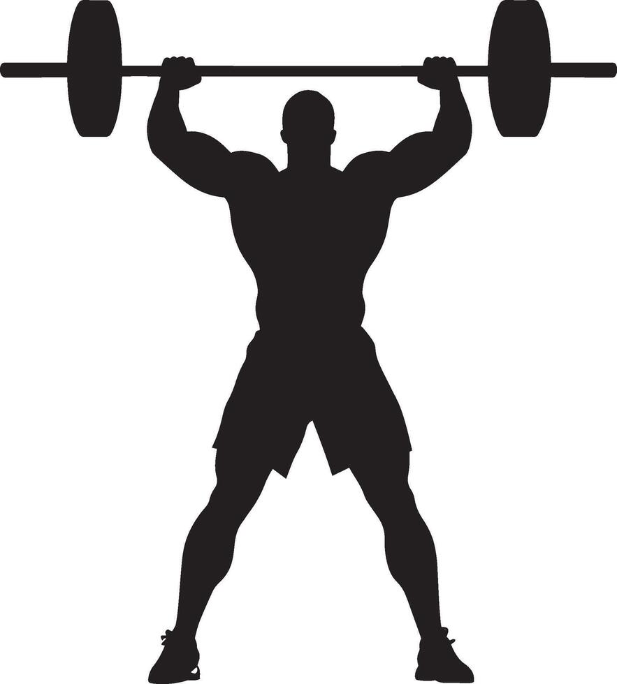 A lifter standing with the barbell at chest level, elbows bent, preparing to press overhead. full length silhouette black illustration vector