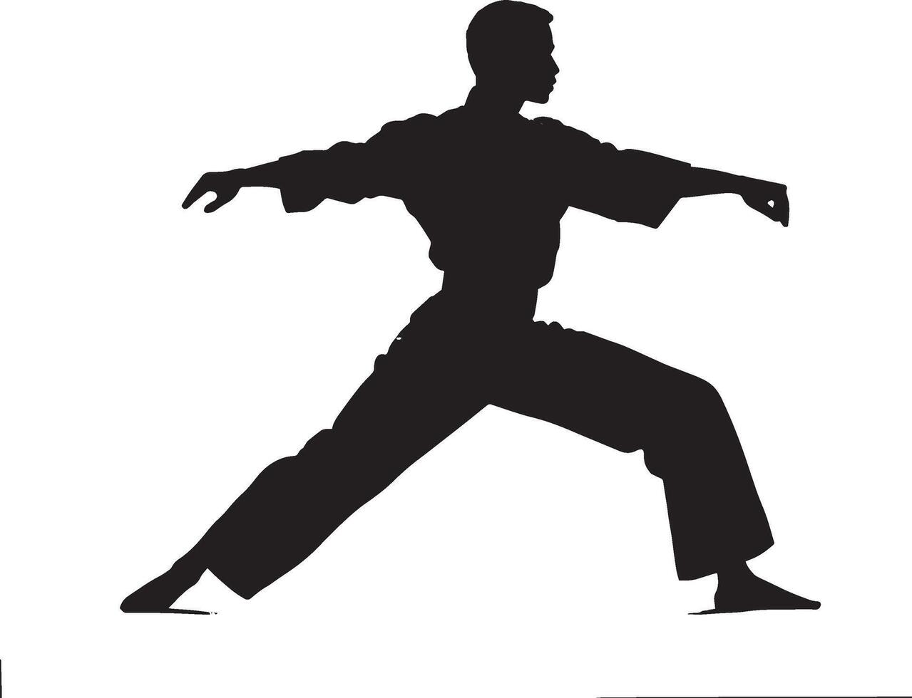 A martial artist Weight shifted to the back leg, front foot pointed outward, arms guarding. full length silhouette black illustration vector