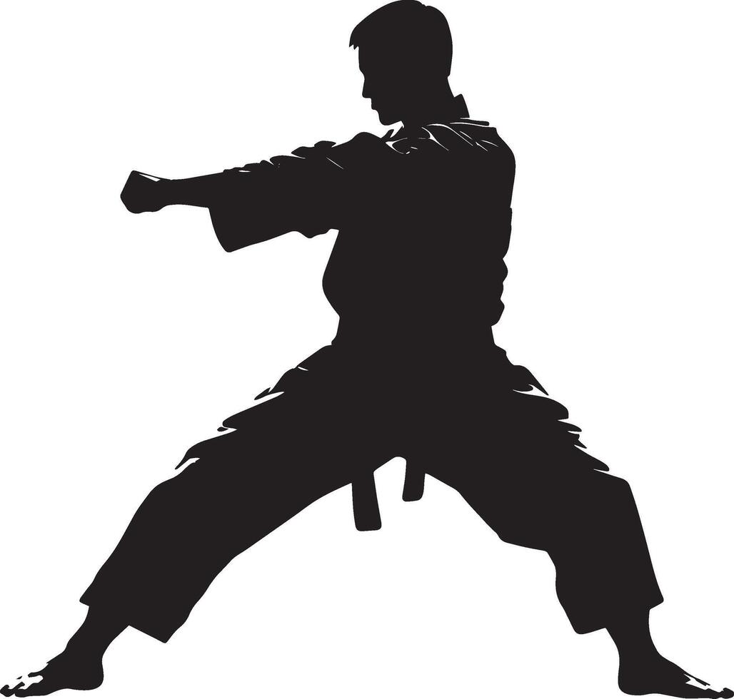 A martial artist deflecting an attack with a quick, light motion of the hand or arm. full length silhouette black illustration vector