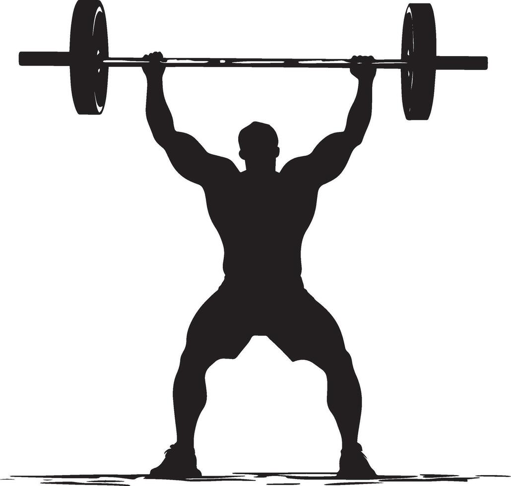 A lifter explosively pulling the barbell from the ground to overhead in one fluid motion, arms fully extended. full length silhouette black illustration vector