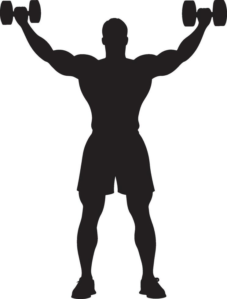 Lateral Raise Lifter holding dumbbells at their sides, raising their arms outward parallel to the floor. Full silhouette in black design. vector