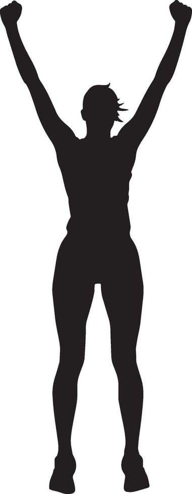 A sprinter or jumper celebrating with arms raised after winning. full length silhouette black illustration vector