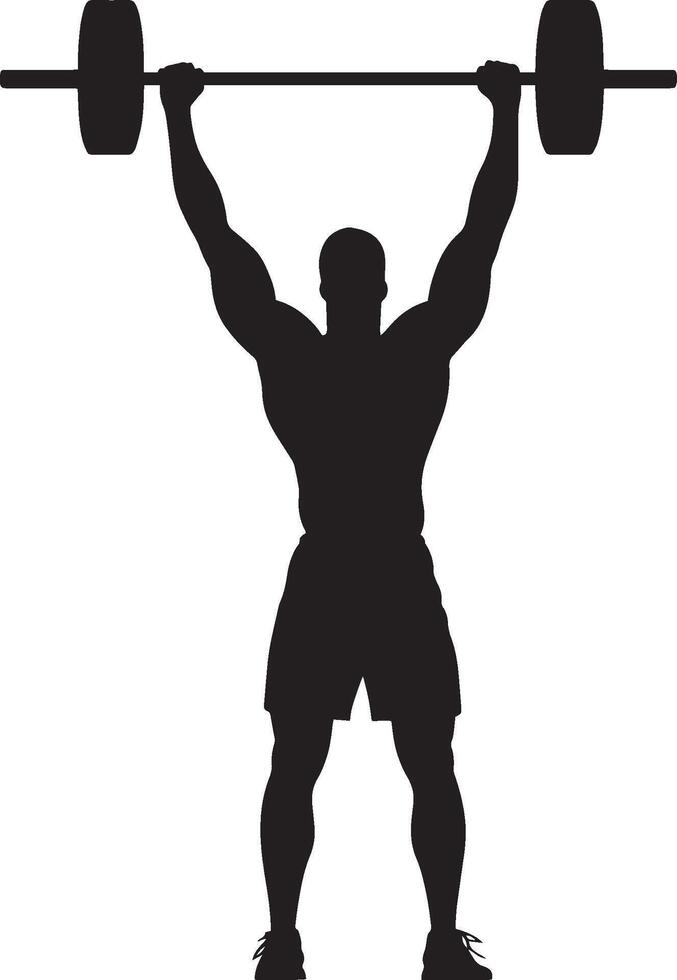 Lifter exultantly raising the barbell overhead, arms raised in celebration after completing a lift. Full-length black silhouette. vector