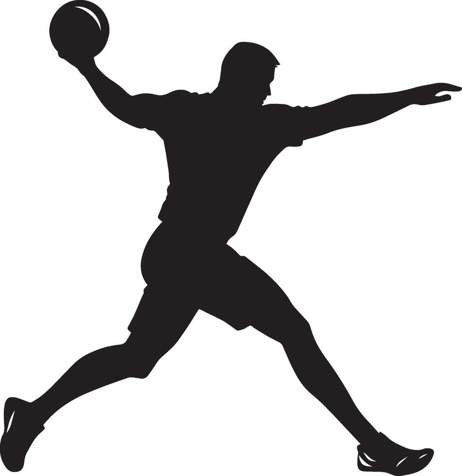 An athlete pushing the shot put forward with a powerful, explosive movement. full length silhouette black illustration vector
