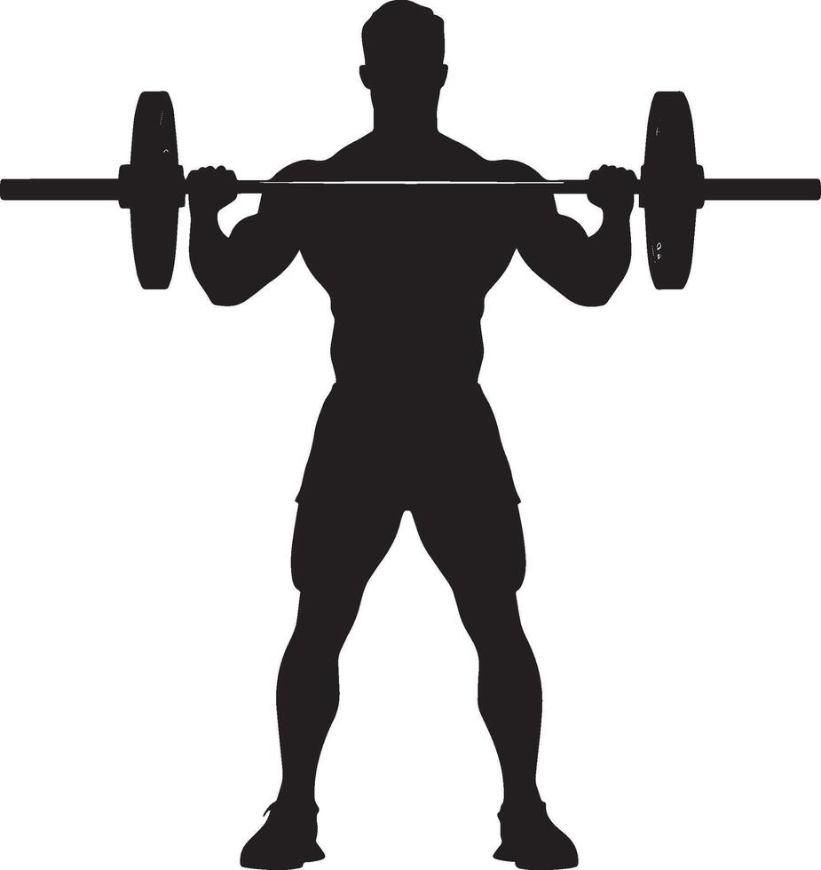 Individual executing a barbell curl, lifting the weight to shoulder height while keeping elbows stationary. Complete silhouette in black illustration. vector