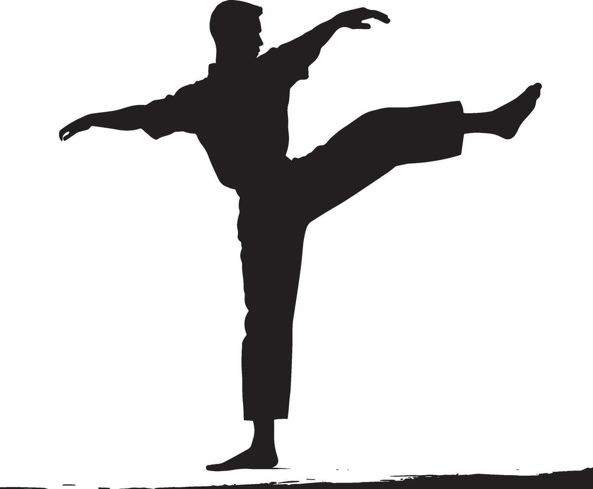 A martial artist kick extended to the side with the foot pushed out horizontally. full length silhouette black illustration vector