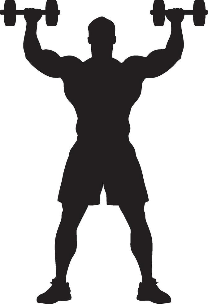 Lateral Raise Individual performing a lateral raise, arms lifted to the sides with dumbbells held at shoulder height. Complete silhouette in black illustration. vector
