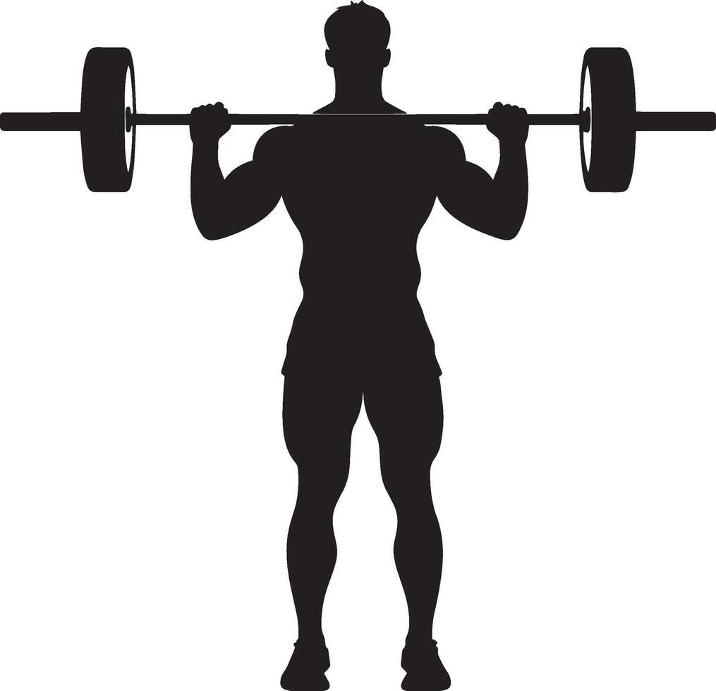 Lifter standing upright, curling the barbell towards their shoulders with elbows held steady. Full silhouette in black design. vector