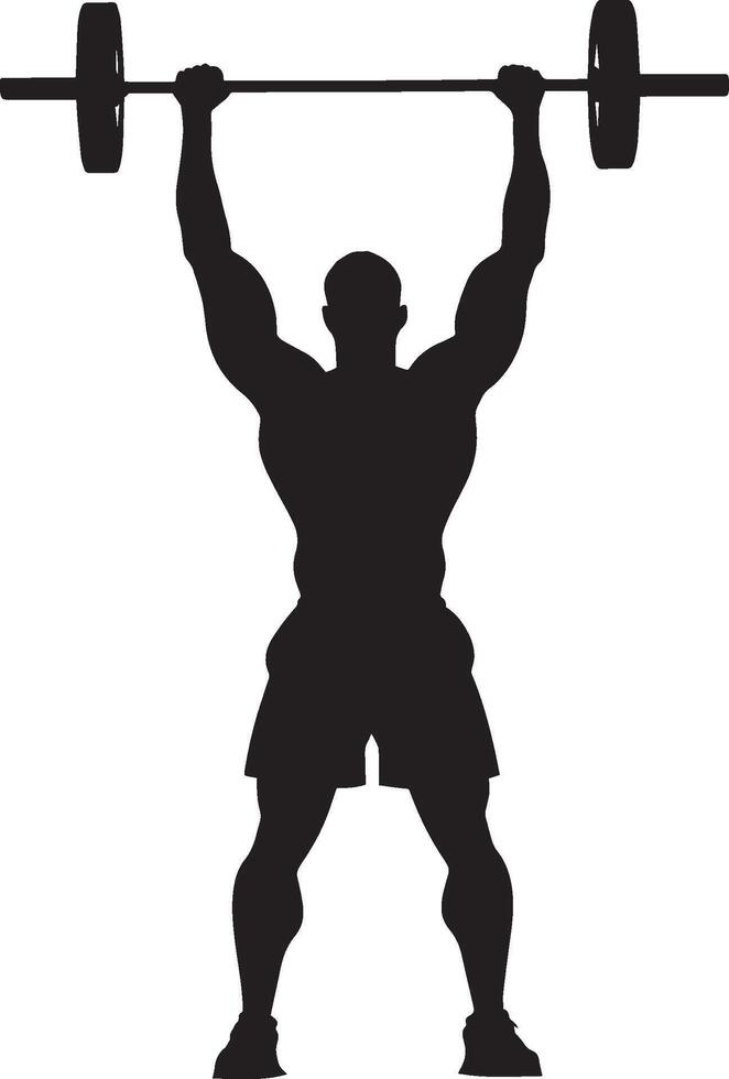A lifter with a barbell held aloft, arms fully extended, bending elbows to bring the bar down behind the neck. Full-length silhouette black illustration. vector