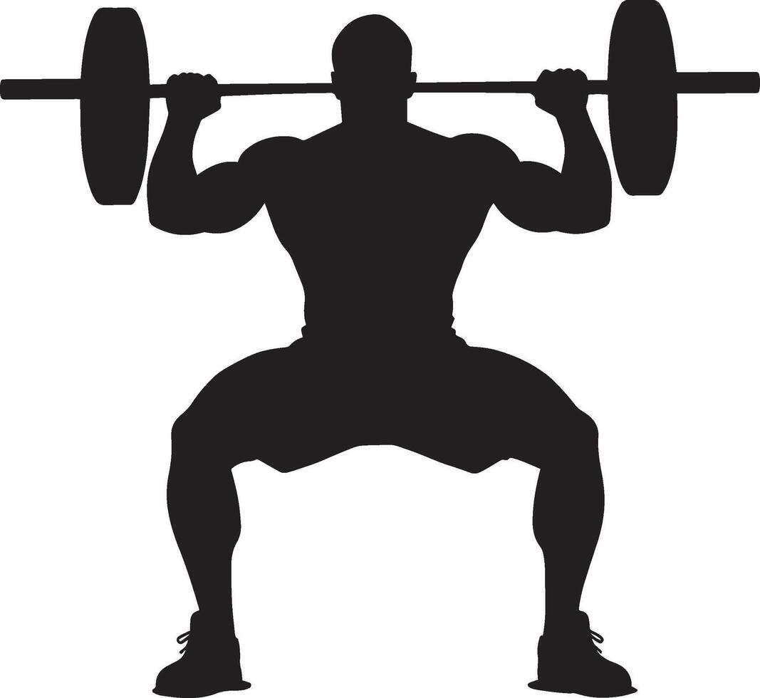 A lifter holding the barbell on the front of the shoulders, elbows high, as they squat down. full length silhouette black illustration vector