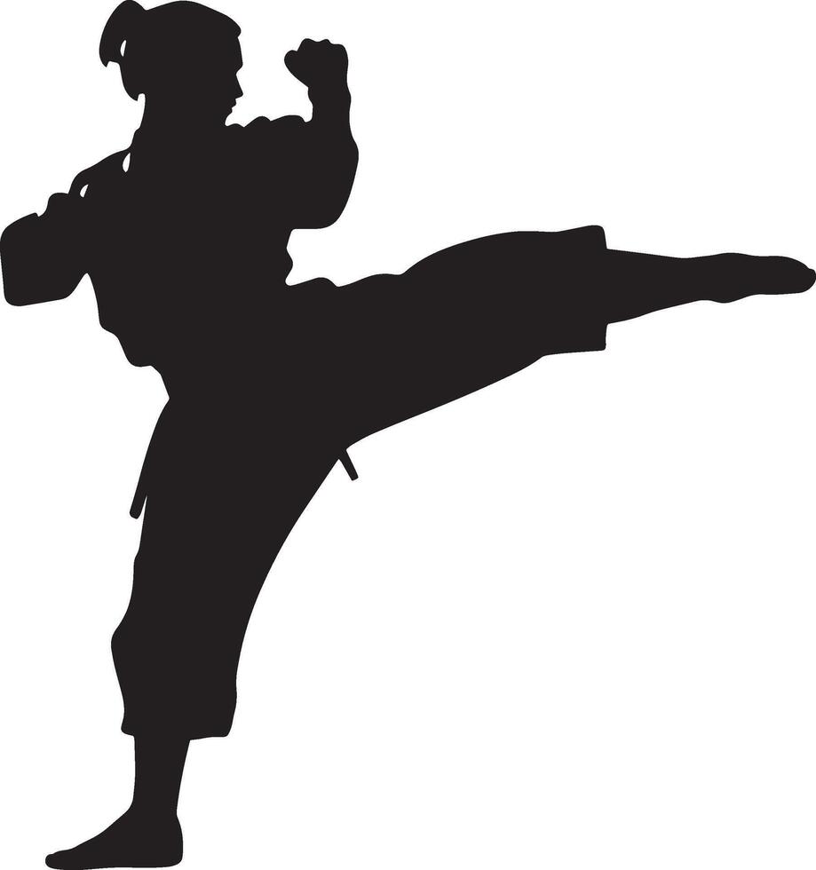 Spin Kick An individual delivering a kick in a complete circular motion, aiming their foot at the intended target. Full-length silhouette black illustration. vector