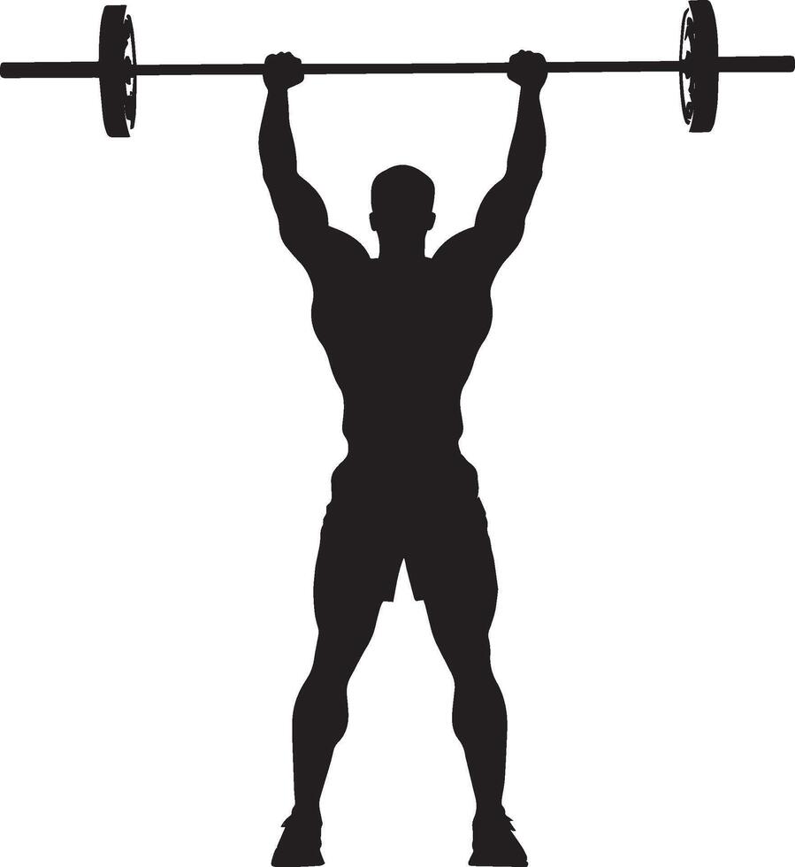 An individual raising a barbell above their head, arms extended, flexing elbows to lower the bar behind. Full-length silhouette black illustration. vector