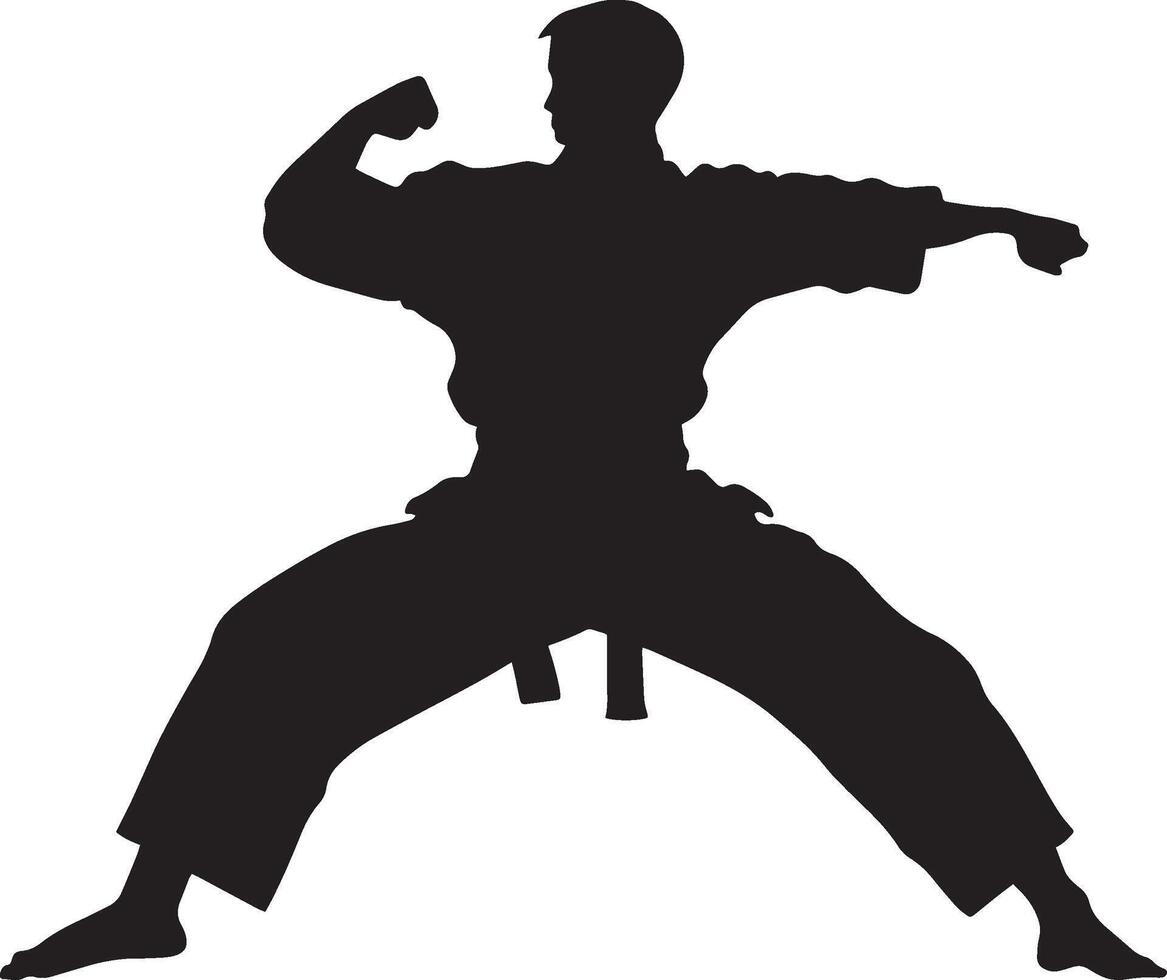 An individual adopting a low, stable stance with feet apart and arms raised to guard against attacks. Full-length silhouette black illustration. vector
