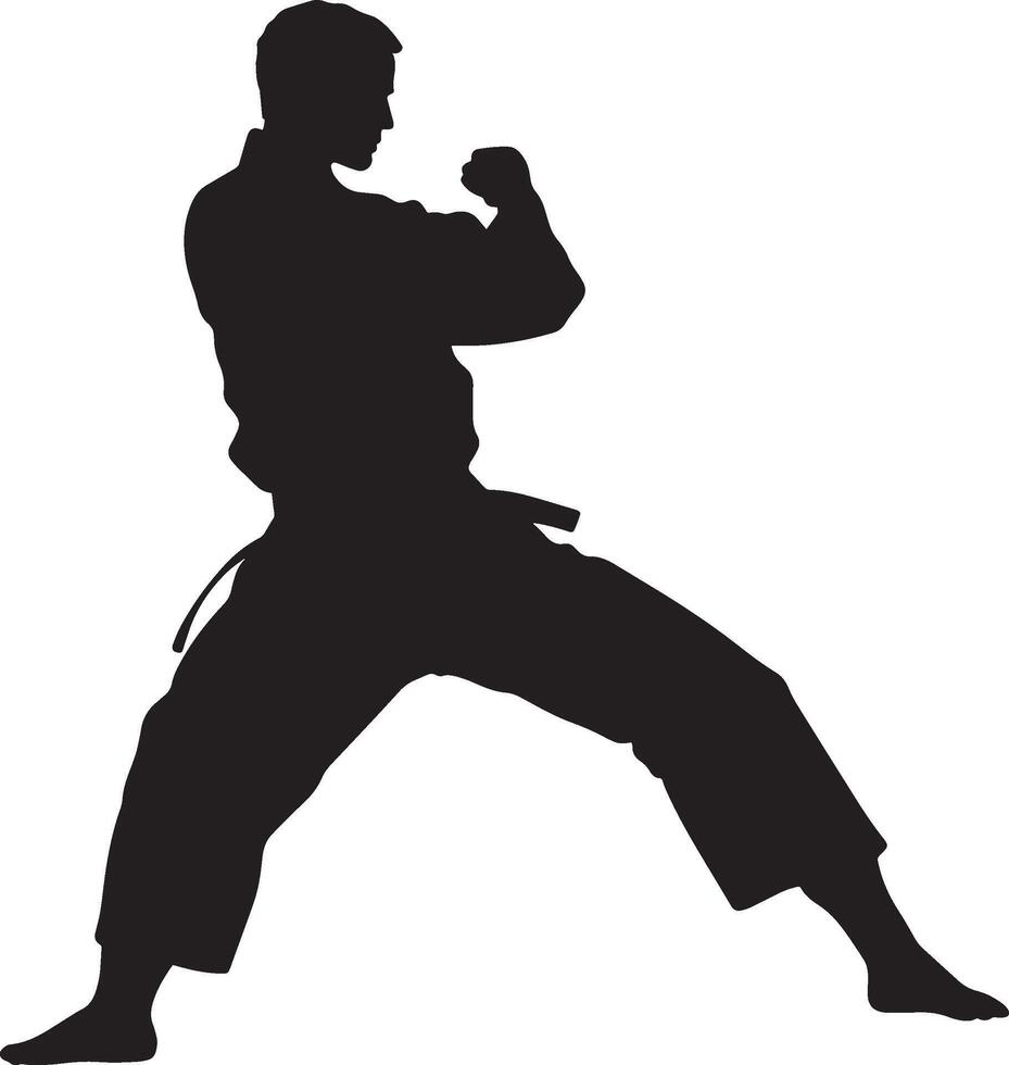 A martial artist standing with one foot forward, the back leg straight, and hands positioned for defense or attack. Full-length silhouette black illustration. vector