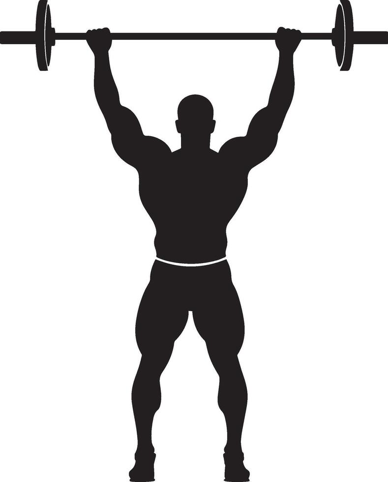 A lifter holding a barbell overhead with arms extended, bending at the elbows to lower the bar behind the head. full length silhouette black illustration vector