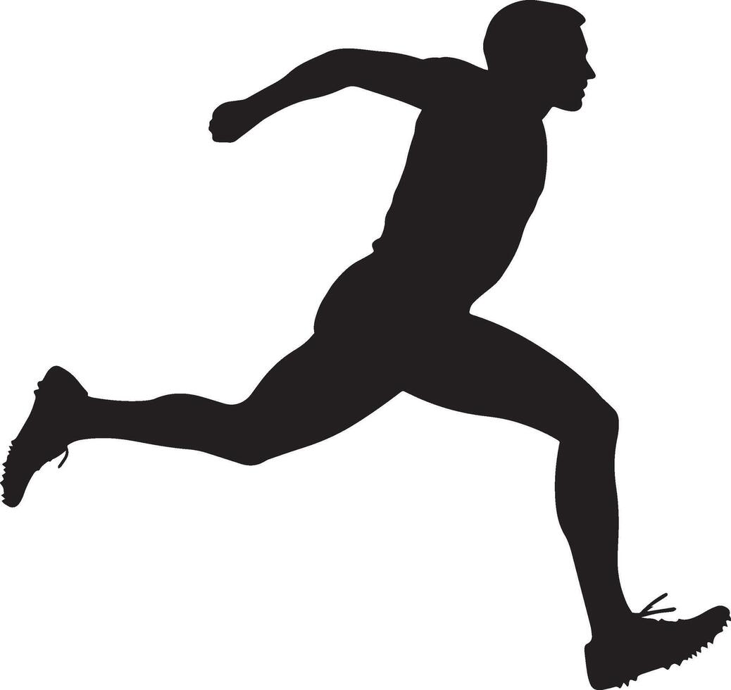 An athlete in the midst of the hop segment of the triple jump, extending one leg ahead. Full-length silhouette black illustration. vector
