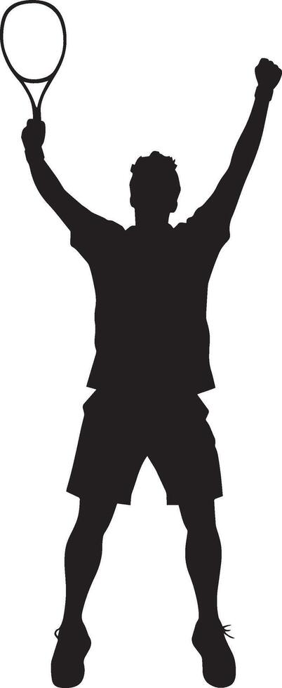A badminton player raising their racket or both hands in celebration after a winning point. full length silhouette black illustration vector