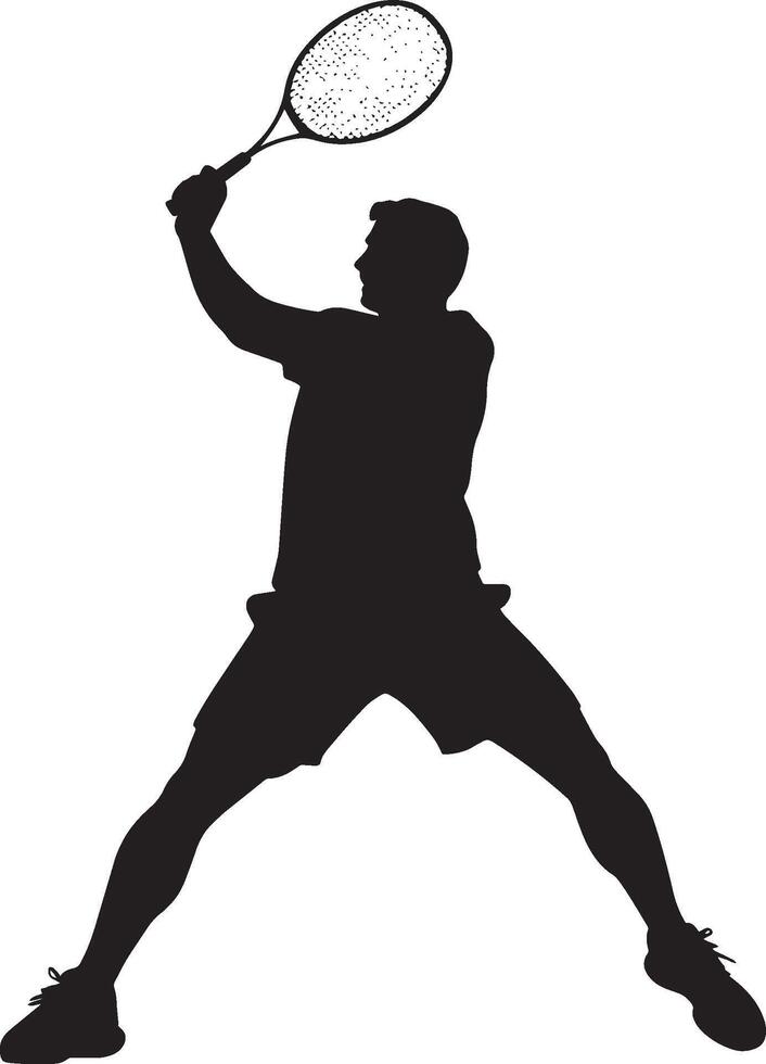 A figure positioned with legs flexed and racket lifted high, poised for a strong smashing action. Full-length silhouette black illustration. vector