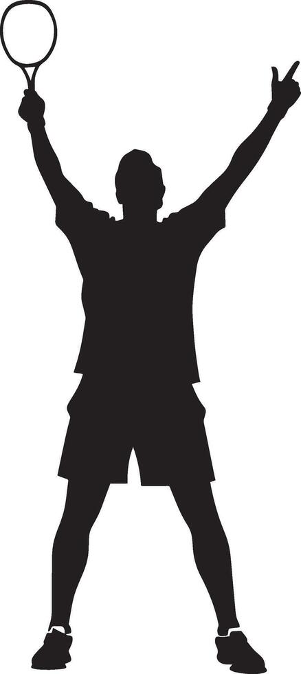 An athlete joyfully raising their racket or hands high in triumph after achieving a winning point in badminton. Full-length silhouette black illustration. vector
