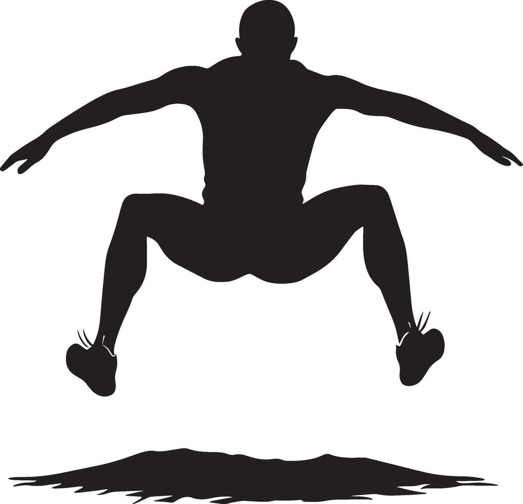 A jumper descending toward the sandpit, with both legs extended forward in preparation for landing. Full-length silhouette black illustration. vector