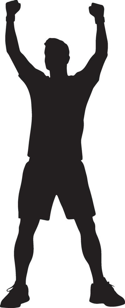 A badminton player celebrating with a raised fist after scoring a critical point. full length silhouette black illustration vector
