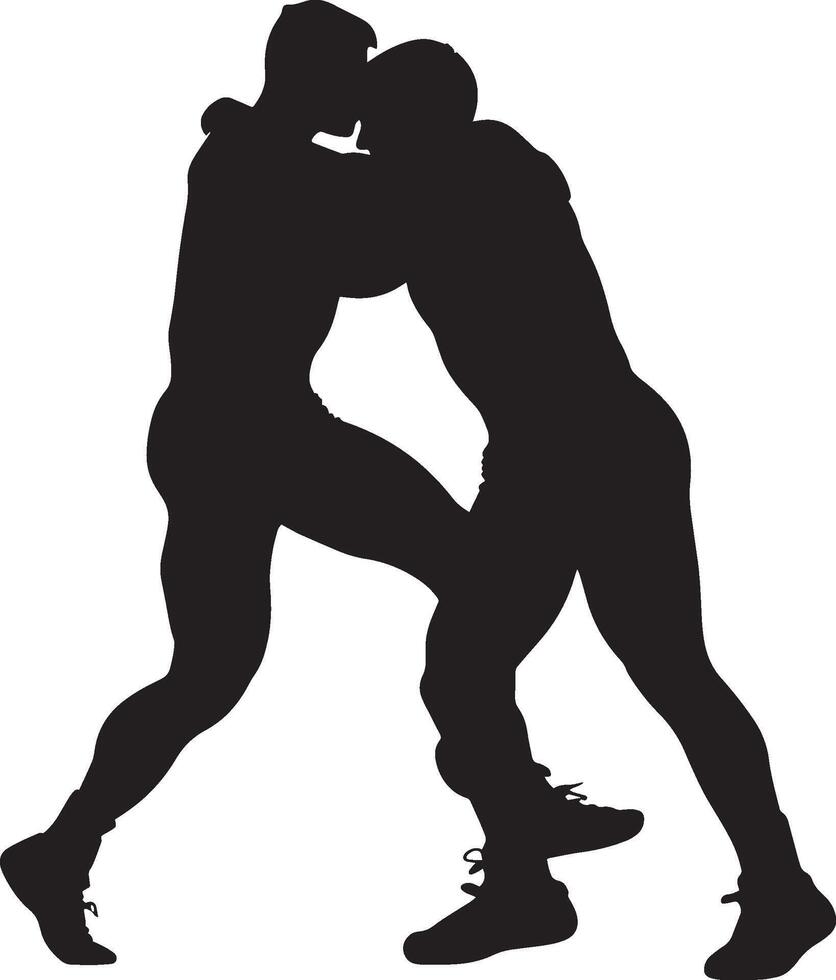A wrestler gripping one leg of the opponent, destabilizing them and pulling them off balance. Full-length silhouette black illustration. vector
