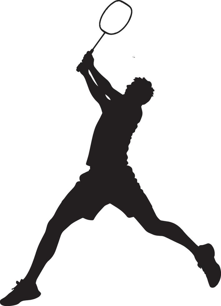 A badminton player leaping forward or sideways, reaching for a shuttlecock out of reach. full length silhouette black illustration vector