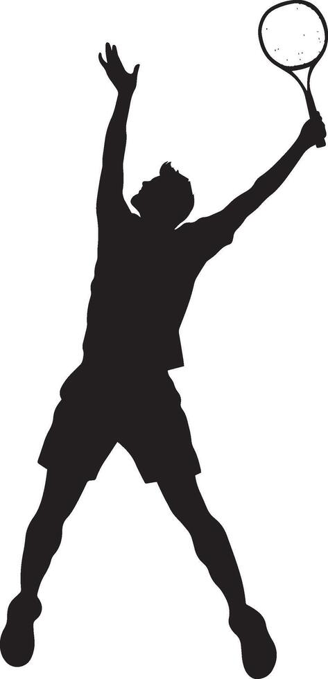 A badminton player leaping either forward or sideways, stretching to catch a shuttlecock that is just out of reach. Full-length silhouette black illustration. vector