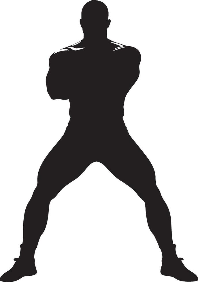 A wrestler standing with feet spread apart, knees bent, and arms raised defensively. Full-length silhouette black illustration. vector