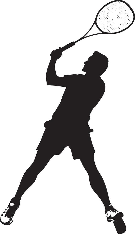 A badminton player quickly moving backward, tracking the shuttlecock while preparing for a return. full length silhouette black illustration vector