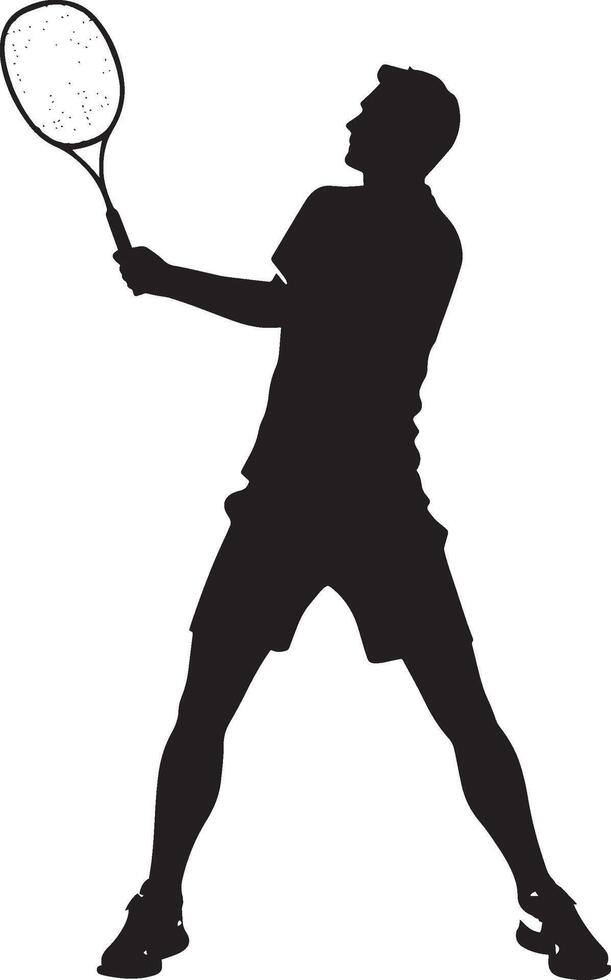 A badminton player positioned with one foot forward, holding the shuttlecock in one hand and the racket in the other. Full-length silhouette black illustration. vector