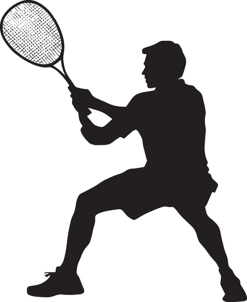 A badminton player crouched low, using the racket to deflect a low shot. full length silhouette black illustration vector