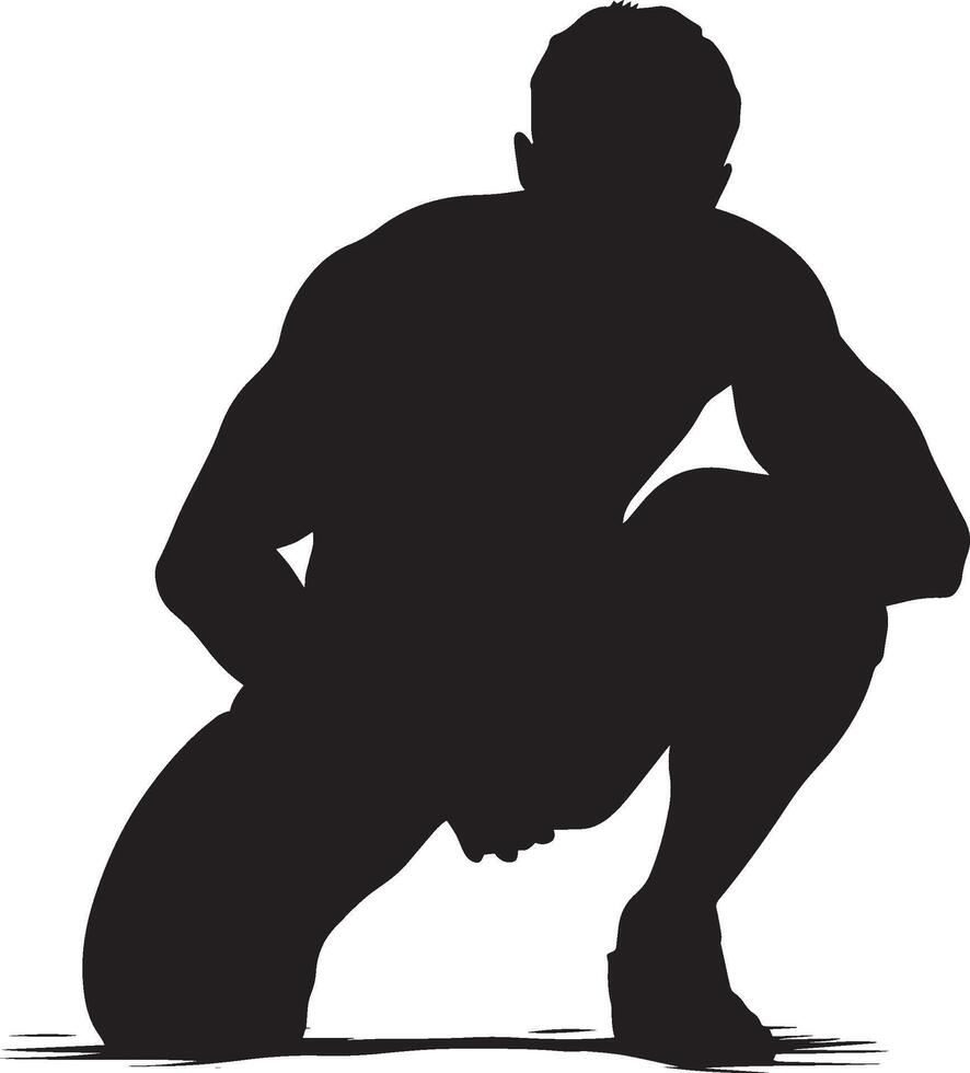 A wrestler crouching low, arms ready, looking for an opening. full length silhouette black illustration vector