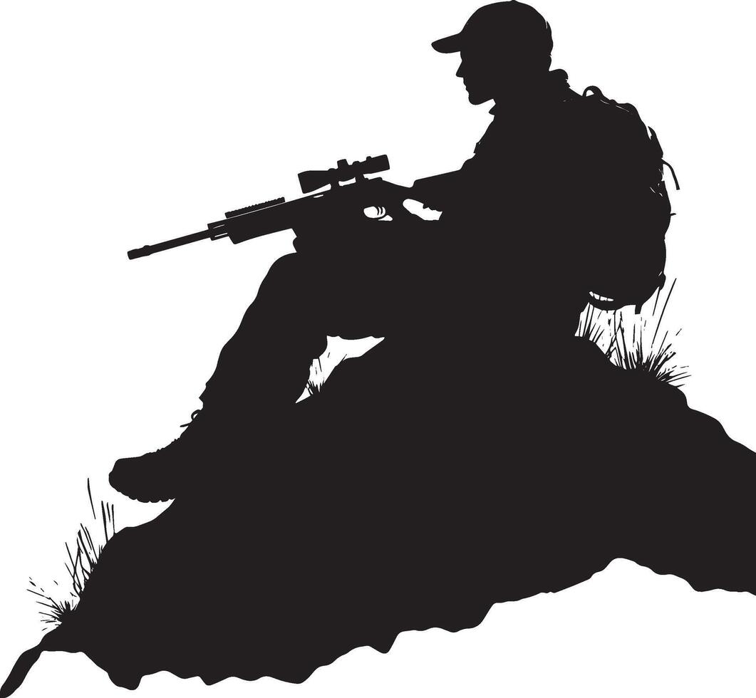 A hunter resting on a rock, rifle across lap. full length silhouette black illustration vector
