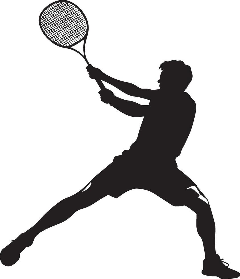 An athlete crouched with knees bent, holding their racket aloft, ready to execute a powerful smash. Full-length silhouette black illustration. vector