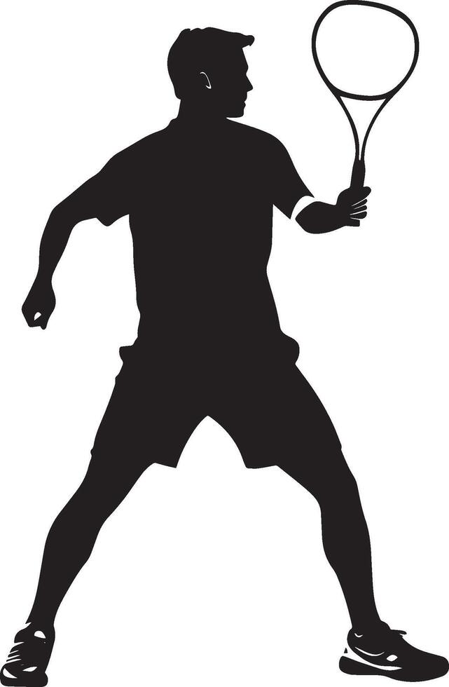 A badminton player standing with one foot forward, holding the shuttlecock in one hand and the racket in the other. full length silhouette black illustration vector