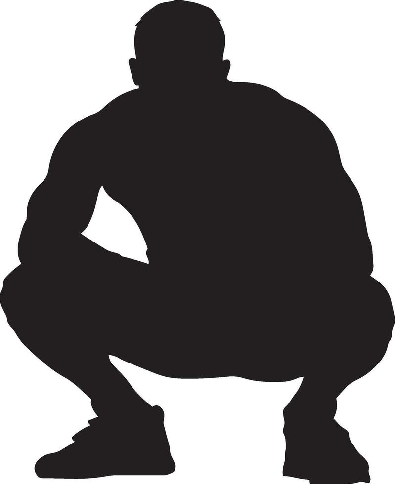 A wrestler crouching low with arms prepared, scanning for an opportunity to engage. Full-length silhouette black illustration. vector