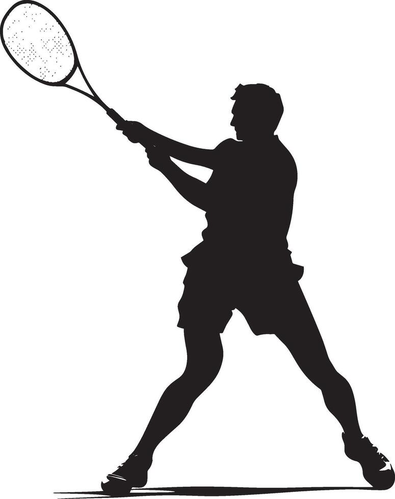 A badminton player swiftly moving backward, keeping an eye on the shuttlecock while getting ready for a return. Full-length silhouette black illustration. vector