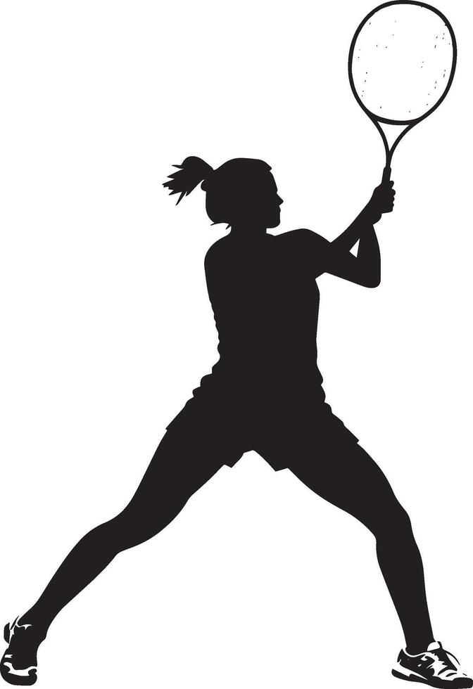 A badminton player in a dynamic position with bent legs and racket raised high, preparing for a powerful smash. Full-length silhouette black illustration. vector