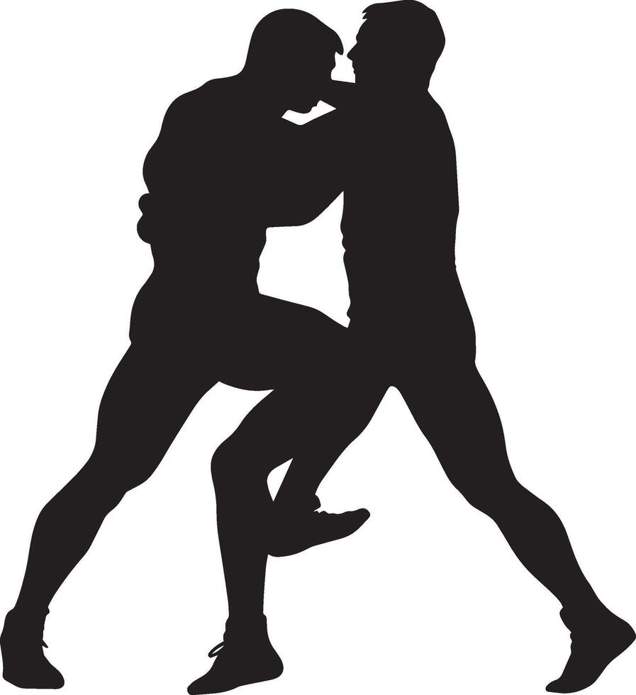 A wrestler holding one leg of the opponent, pulling them off balance. full length silhouette black illustration vector