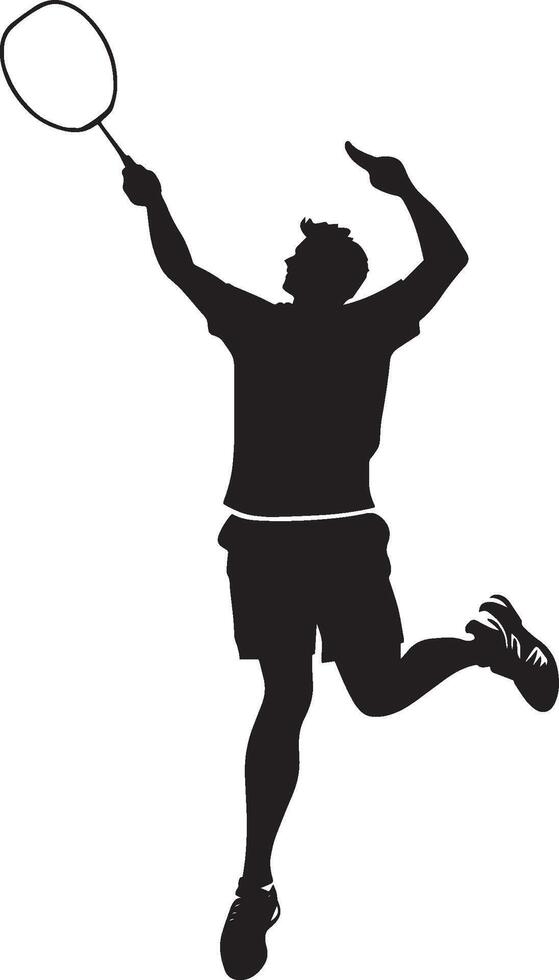 A badminton player in mid-air, hitting the shuttlecock with a downward, forceful strike. full length silhouette black illustration vector