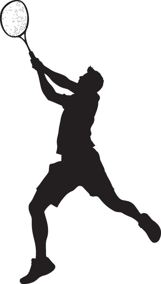 A badminton player soaring through the air, delivering a powerful downward strike to the shuttlecock. Full-length silhouette black illustration. vector