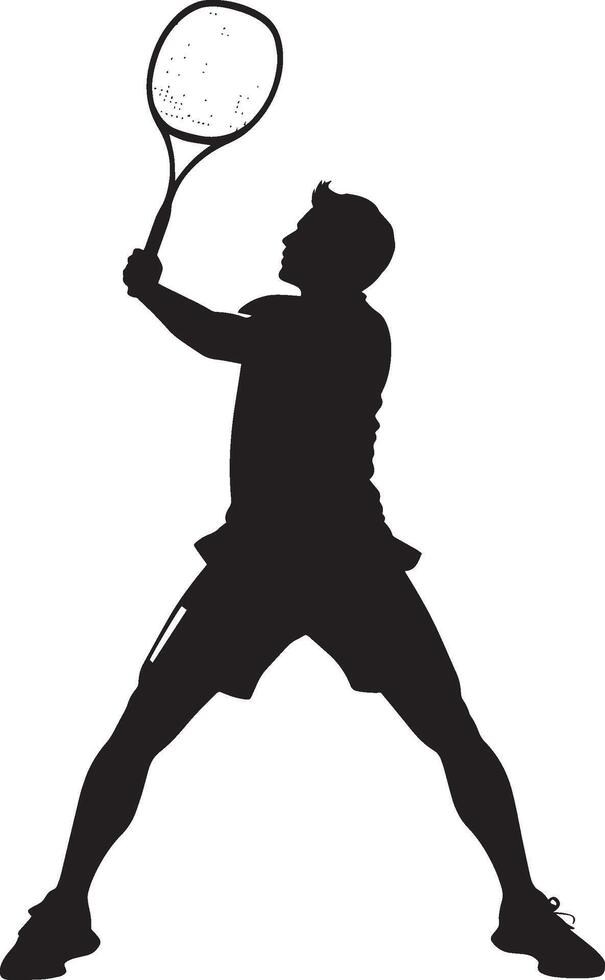 A badminton player positioned with legs bent, racket raised high, preparing for a powerful smash. full length silhouette black illustration vector