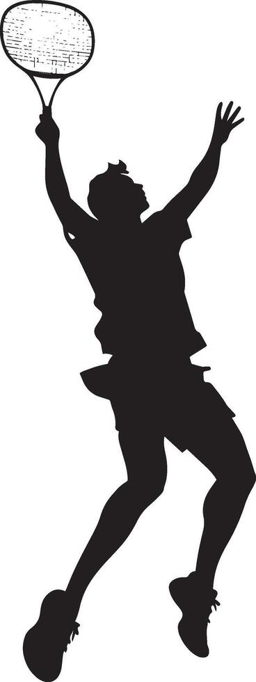 An athlete in mid-air, forcefully hitting the shuttlecock with a downward motion. Full-length silhouette black illustration. vector
