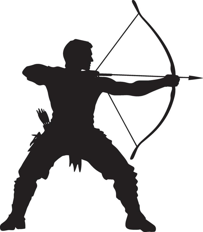 A figure focused on pulling back the string of a bow, ready to release the arrow. Full-length silhouette black illustration. vector
