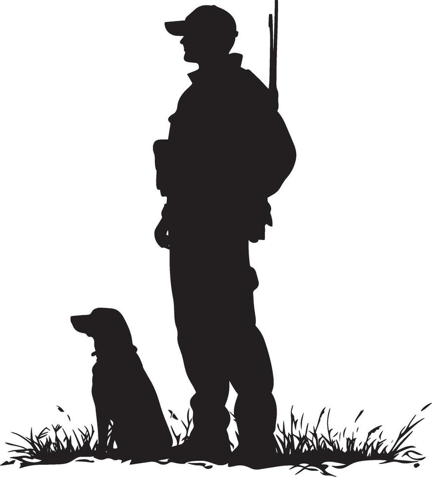 A hunter standing with a dog sitting beside them. full length silhouette black illustration vector