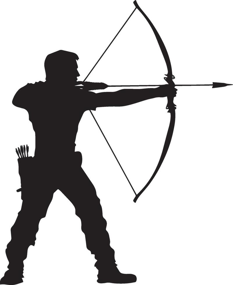 An individual in the act of drawing an arrow back on a bow, preparing to aim and shoot. Full-length silhouette black illustration. vector