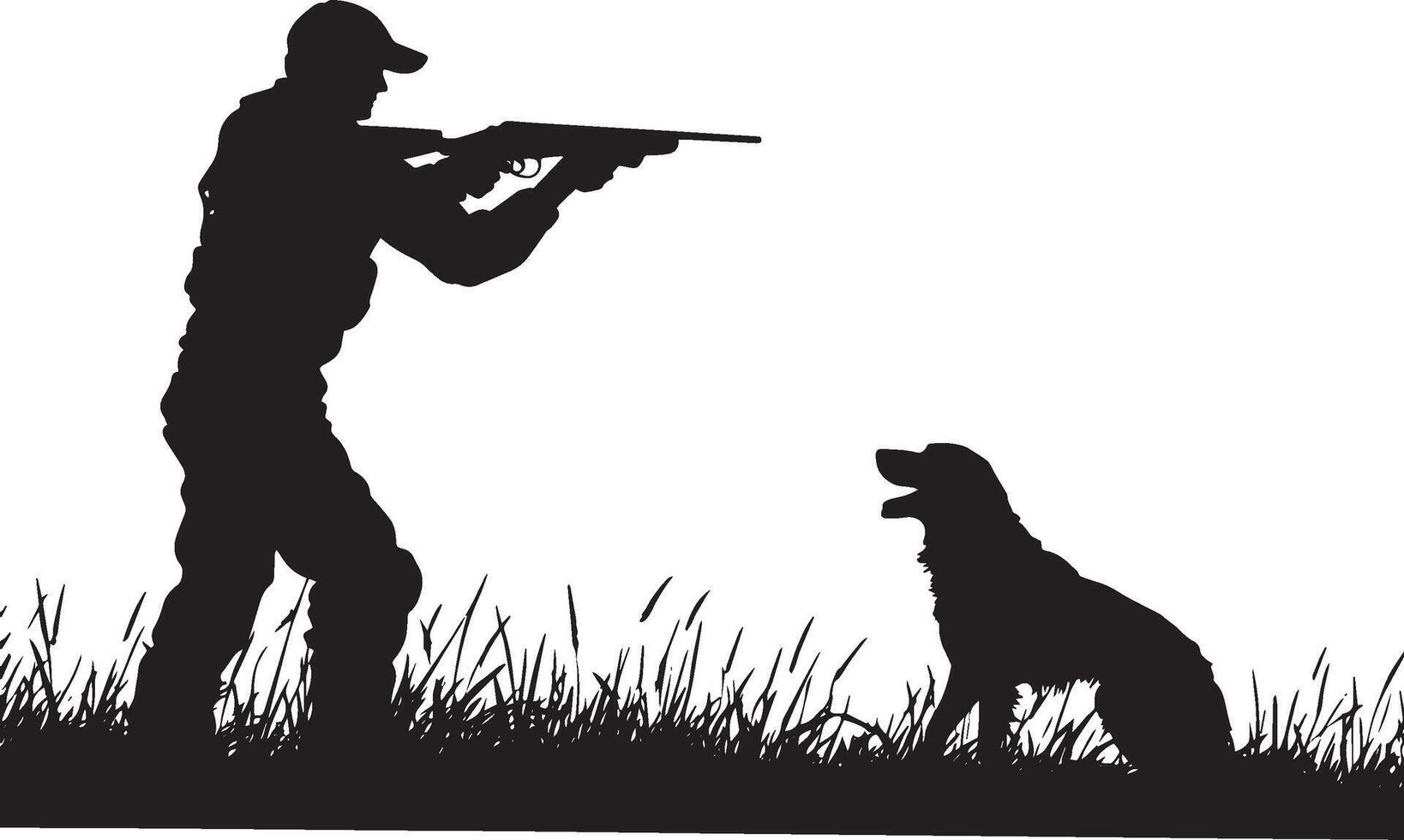 A hunter aiming his weapon while the dog crouches nearby, poised to chase. Full-length silhouette black illustration. vector