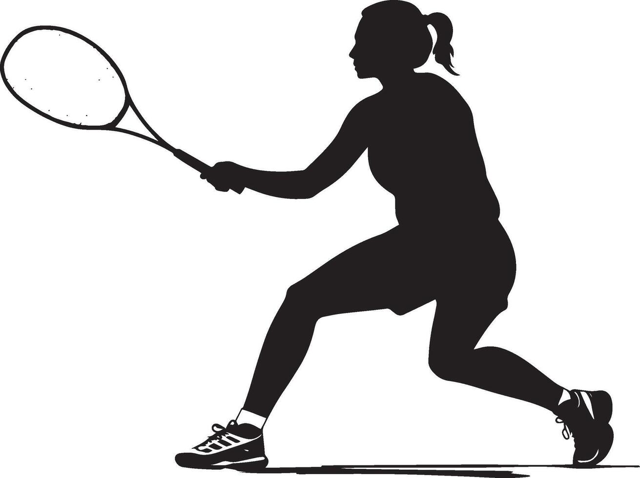 A badminton player crouched down, utilizing their racket to deflect a low shot. Full-length silhouette black illustration. vector