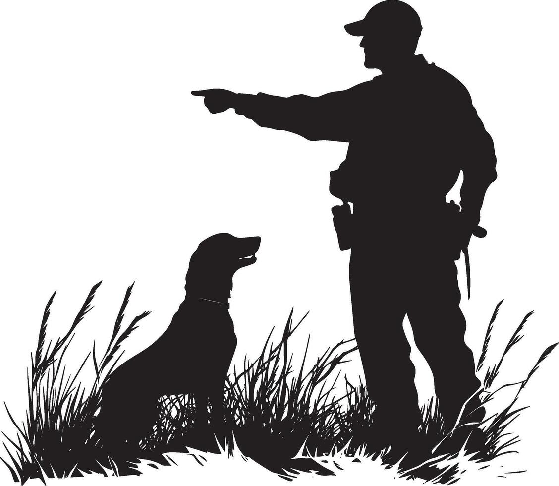 A silhouette of a hunter gesturing forward, commanding the dog to start tracking the game. Full-length silhouette black illustration. vector